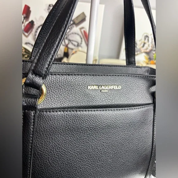 Karl Lagerfeld Paris Iris tote bag in black pebbled leather NWOT - Picture 3 of 14